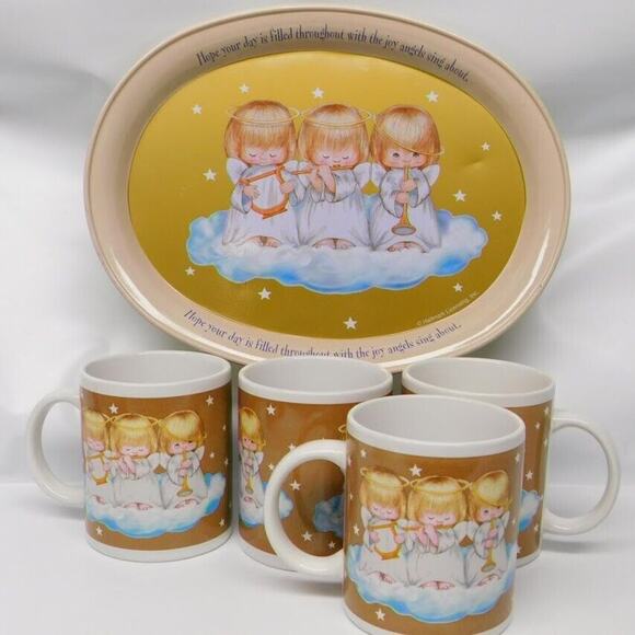 5 Piece Hallmark Mugs Peace Love Joy Angels Metal Tray Serving Tray 1992 Vintage - Picture 1 of 8